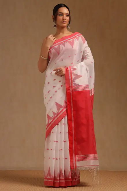 White And Red Cotton Woven Design Saree